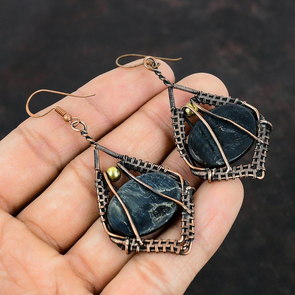 Серьги Pietersite, медная проволока, серьги ручной работы, медные украшения, уникальные серьги, серьги с драгоценными камнями, подарки для женщин, ювелирные изделия, завернутые в проволоку