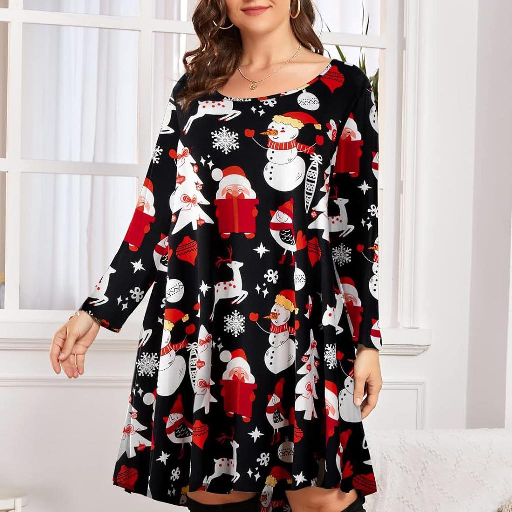 Весенне-осенние модные рождественские платья с мультяшным принтом, женское платье среднего размера с рукавами среднего размера