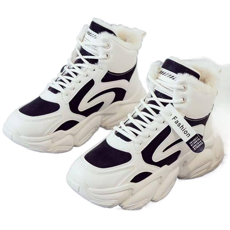 Флисовые кроссовки для папы женские зимние новые корейская версия теплые спортивные ботинки с высоким верхом студенческие хлопковые туфли ins трендовые туфли