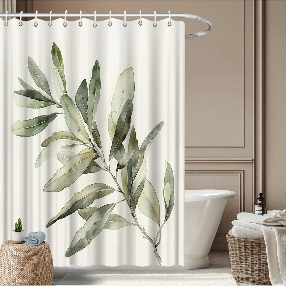 Olive Branch Shower Curtain – Watercolor Botanical Leaves, 2D Flat Print, Fade-Resistant Polyester, 12 Hooks, 70.8"x70.8"