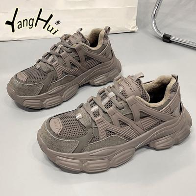 Универсальные повседневные сетчатые дышащие кроссовки женские новые модные черные плюшевые бархатные теплые женские туфли весна осень