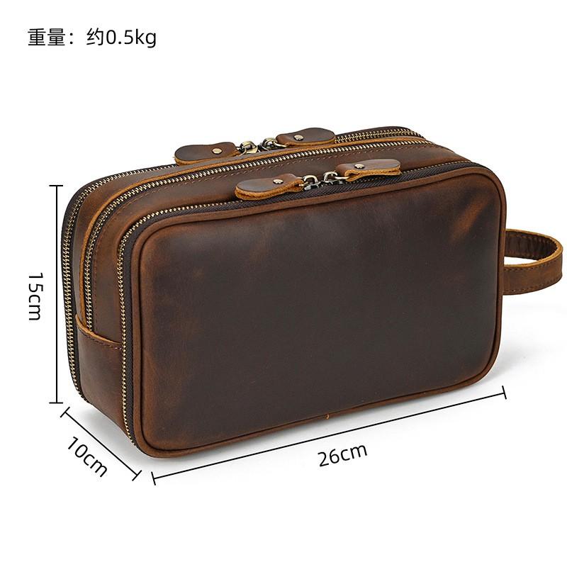 Vintage Full Grain Leather Clutch Bag Travel Toiletries Cosmetics Storage Unisex Rectangle Zipper Purse