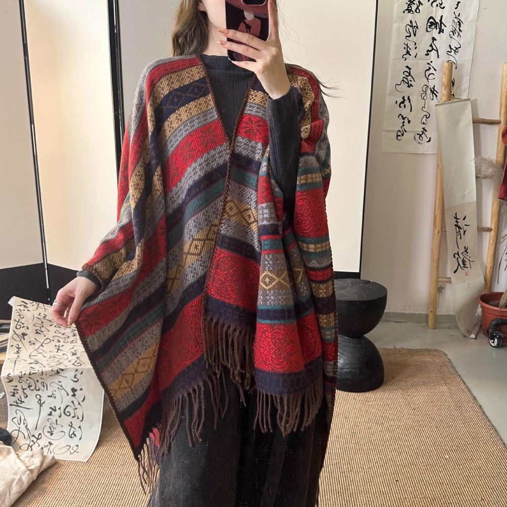 Autumn Winter Ethnic Style Shawl Imitation Cashmere Tassel Scarf Wraps Elegant Shawl Cape