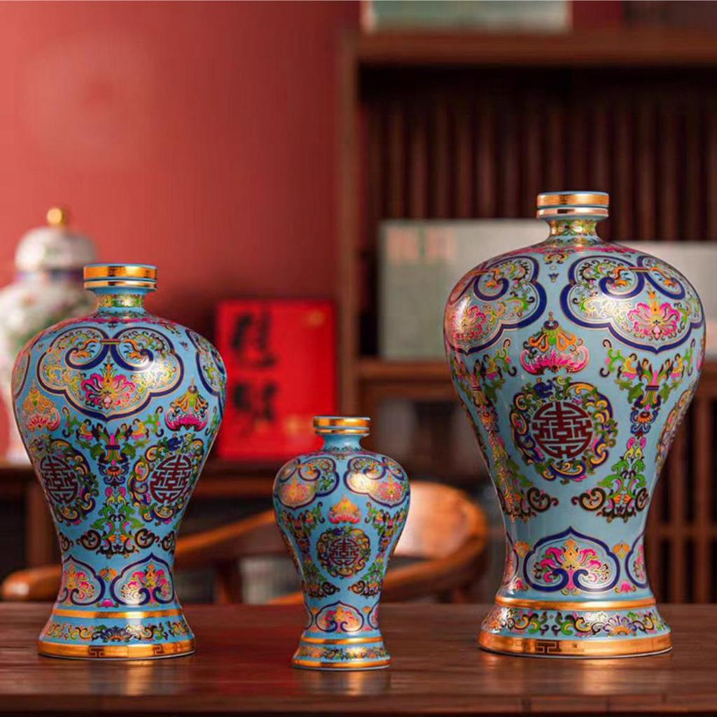 Изысканный орнамент-кувшин для вина с эмалью cloisonне в стиле «Фамиль Роуз», вместимостью 1 цзинь/5 цзиней