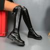 Женские ботфорты широкого голенища, кожаные ботфорты на платформе с круглым носком, зимние ботфорты до бедра в европейском стиле
