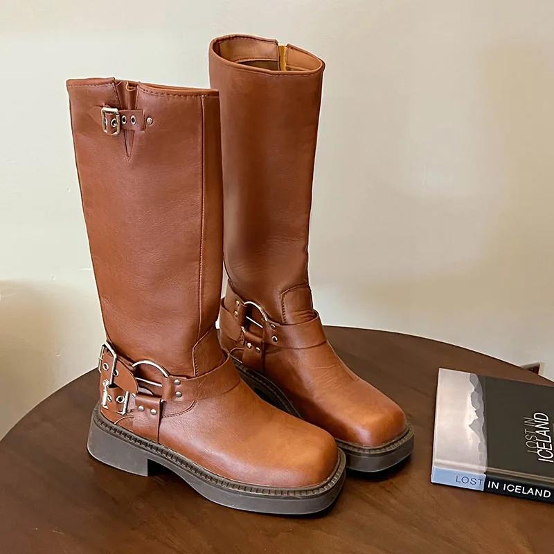 Woman Western Cowgirl Boot Fashion Back Zippers Long Booties Autumn Winter Suqare Low Heel Girl Shoes