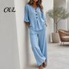 Soft Texture Women Pants Summer 2 Piece Sets for Women, Casual Ruffle 3/4 Sleeve Buttons V Stretchy Waist Neck Top And Wide Leg Matching Set,