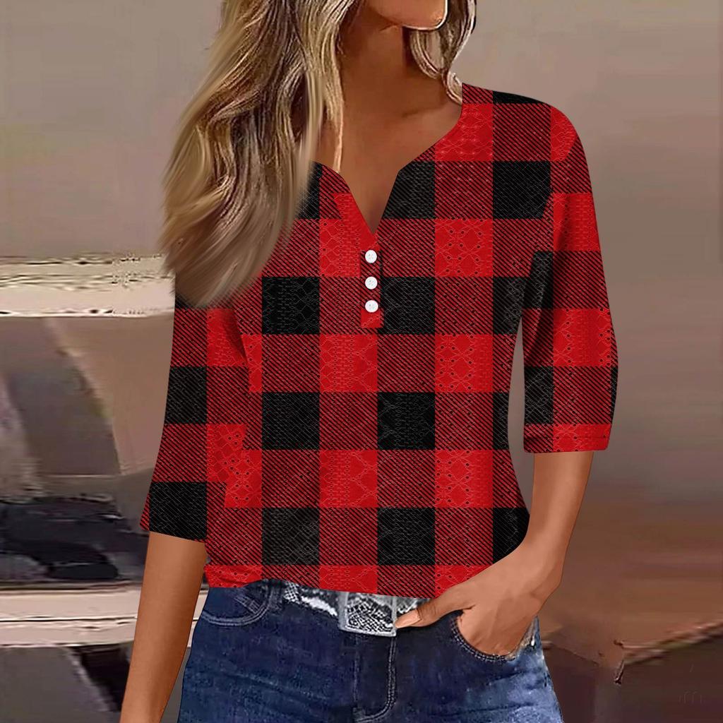 Женская модная футболка с V-образным вырезом, пуговицами, рукавами семь, повседневная полосатая клетчатая футболка с принтом