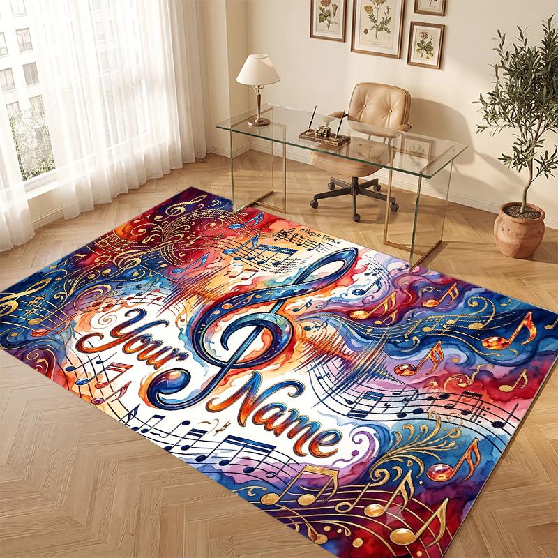 Music Theme Soft Crystal Velvet Rug Custom Name & Text Print Non Slip Floor Rug for Bedroom Living Room