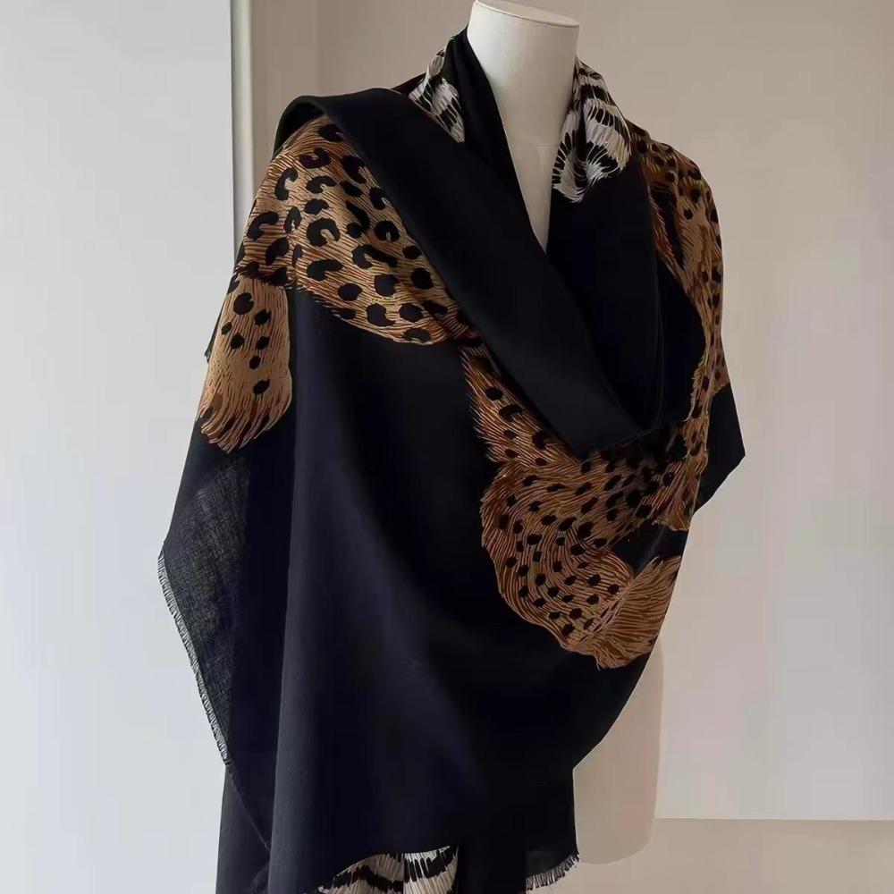Fringed Edge Silk Scarf Leopard Print Fringed Shawl New Leopard Print Scarf Head Styling