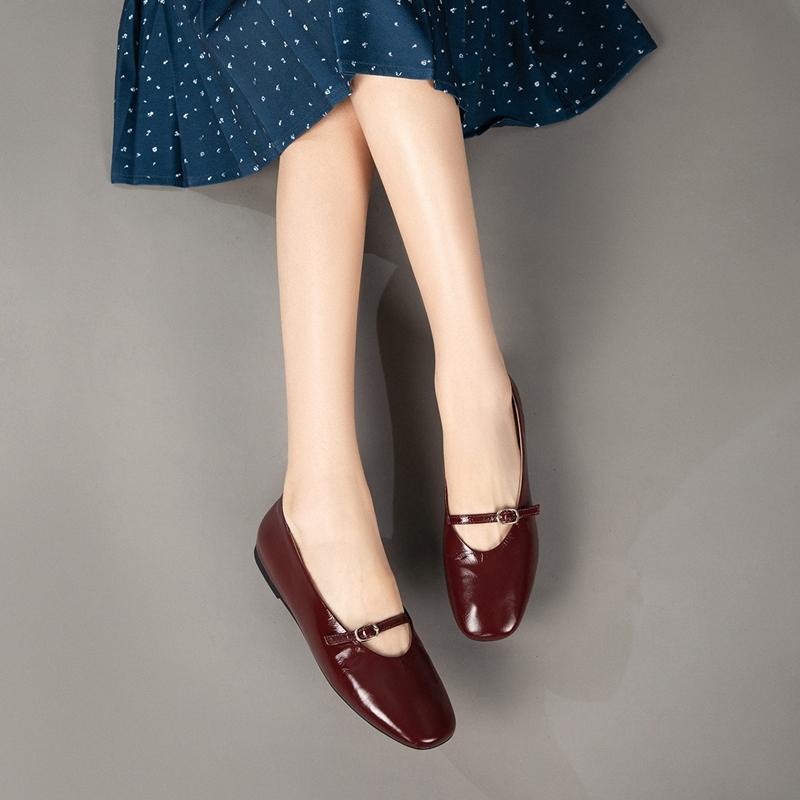 [Cow Leather] Retro Red Mary Jane Shoes Soft Leather Square Head Single Shoes Gentle French Style Commuter Shoes