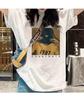 Lazy, simple, loose printed short sleeved T-shirt for women in summer, pure cotton round neck, off shoulder, mid length top for women