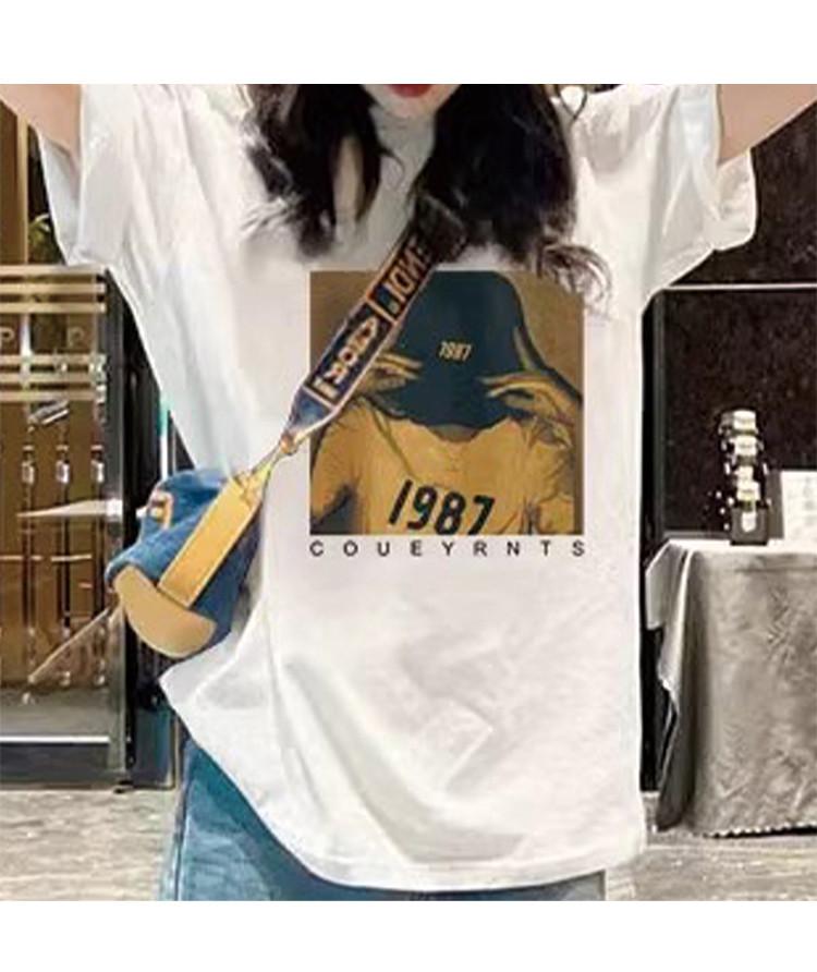 Lazy, simple, loose printed short sleeved T-shirt for women in summer, pure cotton round neck, off shoulder, mid length top for women