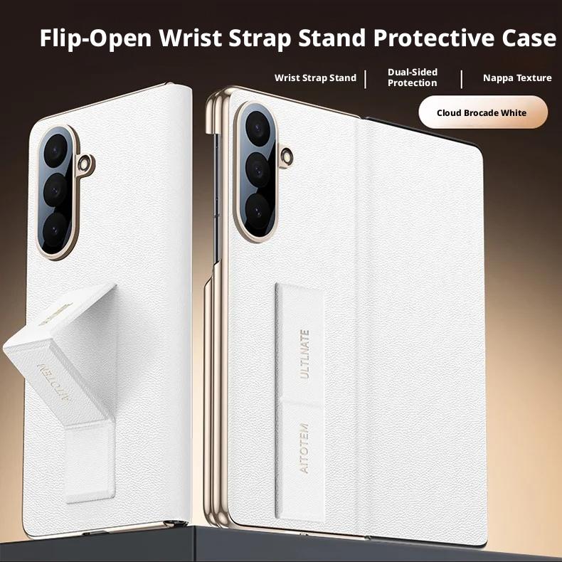 Для Samsung Galaxy Z Fold 7 Чехол из натуральной кожи Наппа PU с двойным шарниром Защита камеры Ремешок на руку Держатель ремешка для пальца Флип-чехол
