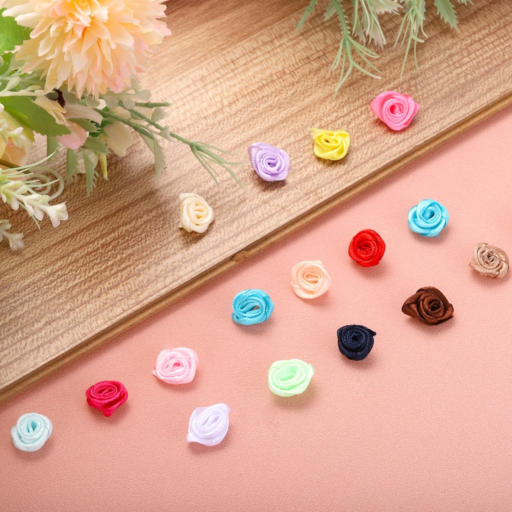 100Pcs 1.5cm Mini Satin Ribbon Roses Handmade Rolled Rosette Flower for DIY Crafting Accessories Sewing Wrapping Decoration