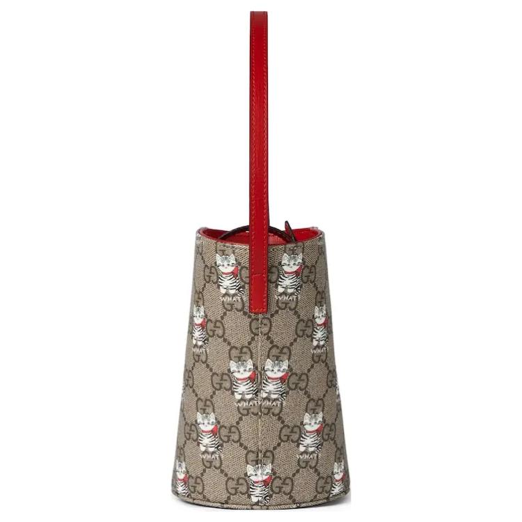 Gucci Ведро GG Supreme с принтом кошек Бежевый Красная кожаная отделка Сумка через плечо Сумка для рук для женщин Ежедневная поездка на работу Покупки Подарок 752356-FAD5G-9748