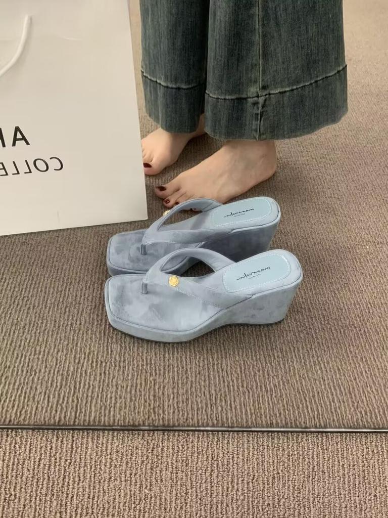 Мода Мода Квадратный носок Клипса Платформа Сандалии Женщина Шик Деним Клиновидные Шлепанцы Дамы Летний Уличный Стиль Толстый Высокий Каблук Шлепанцы