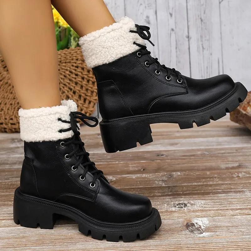 Thick Lace Up Ankle Boots for Women Retro Non Slip Autumn Round Toe Boots Woman Platform Short Booties Botas De Mujer2025
