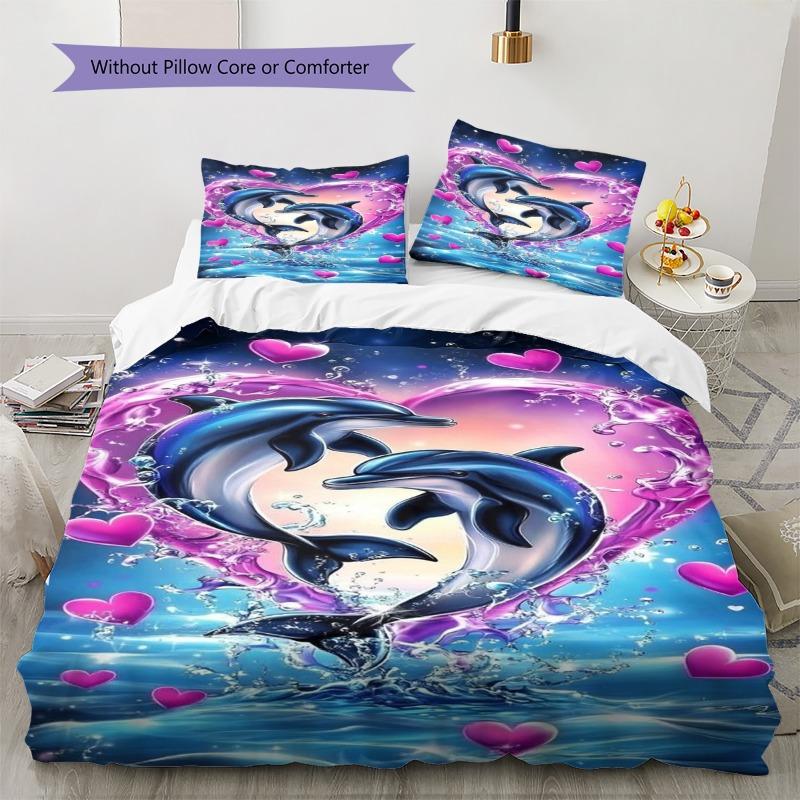 Heart‑shaped Dolphin Pink Love Ocean Print 3‑Pieces Duvet Cover Set Marine Animal Bedding Bedroom Home Decor Without Pillow Core Comforter