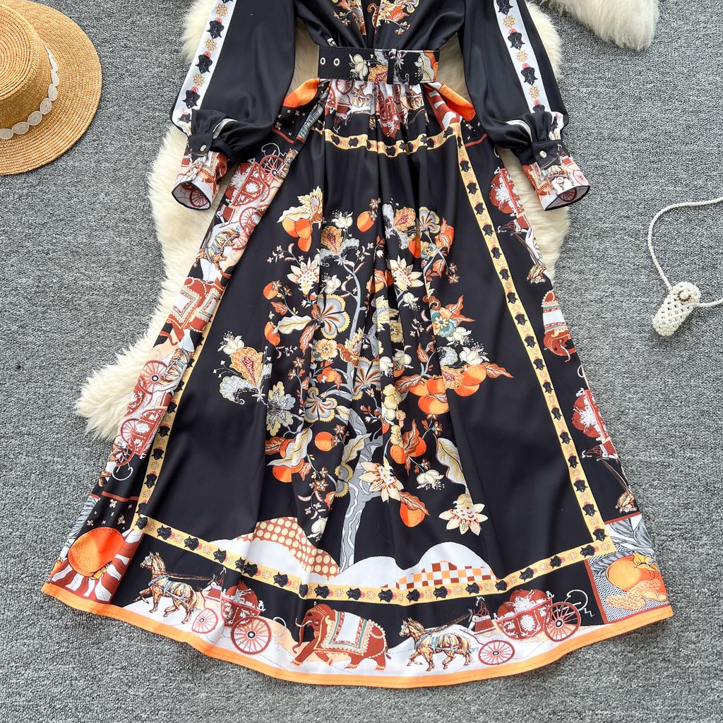 Весна-лето Женские дизайнерские винтажные принты Подиумные платья с отложным воротником Длинное макси-платье-рубашка с поясом