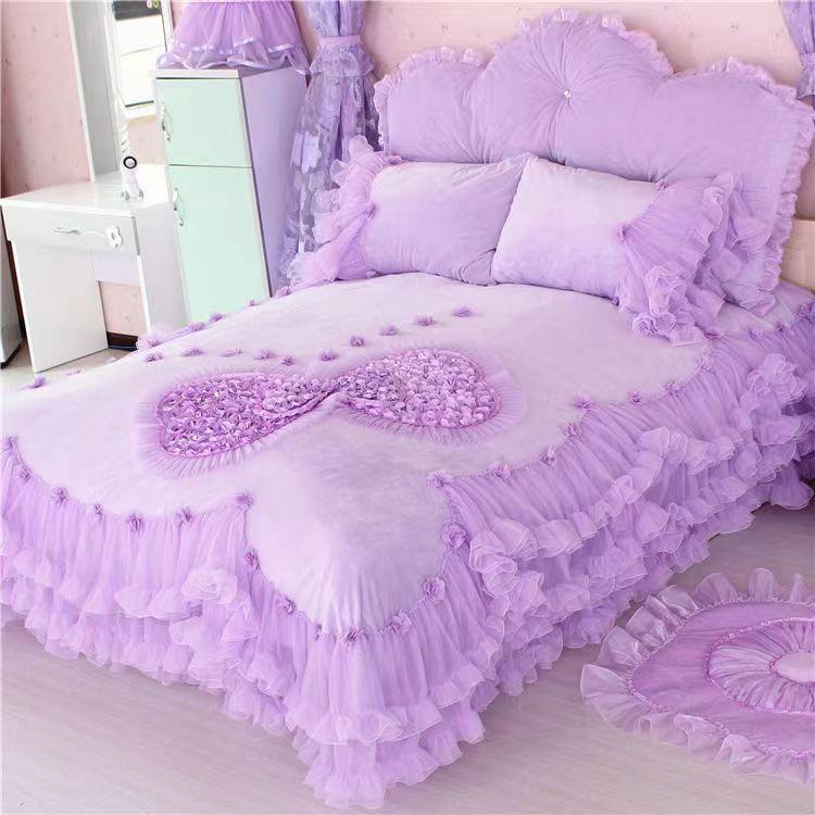Размер King Size/Queen Size/Twin Size Кружевная утолщенная стеганая юбка-кровать Пододеяльник Наволочка Комплект из четырех предметов Теплая спальня Простое постельное белье Высокое качество