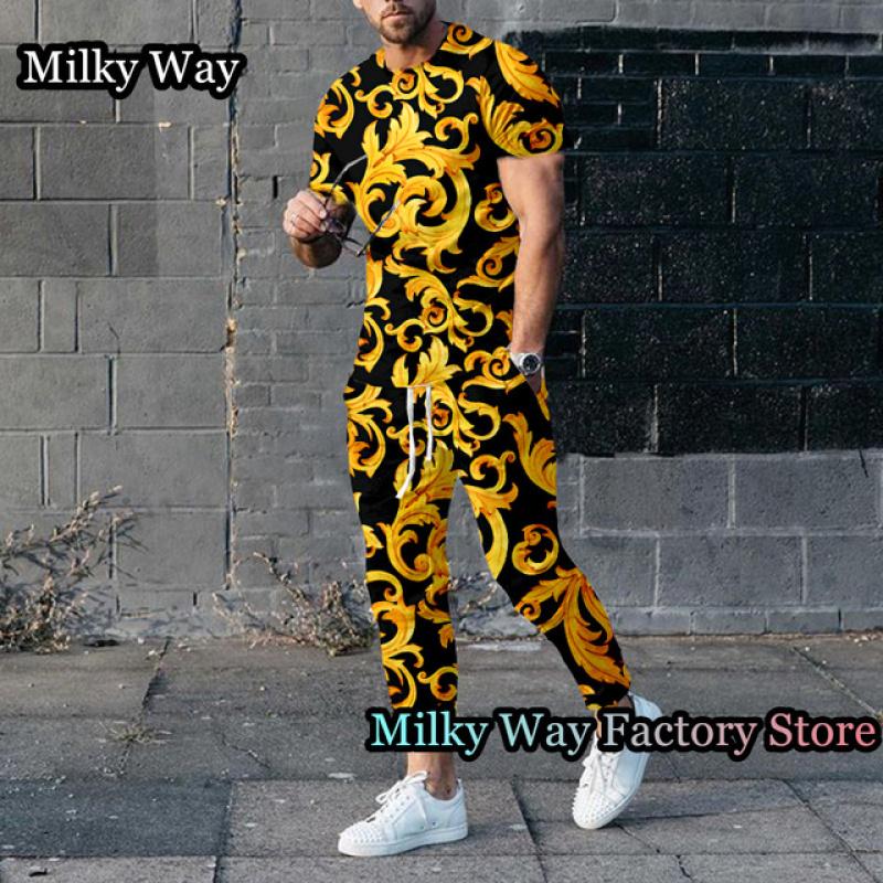Роскошный мужской спортивный костюм с принтом цепочки, летний комплект из 2 предметов, футболка и брюки, винтажный спортивный костюм, мужская модная одежда, ретро наряд