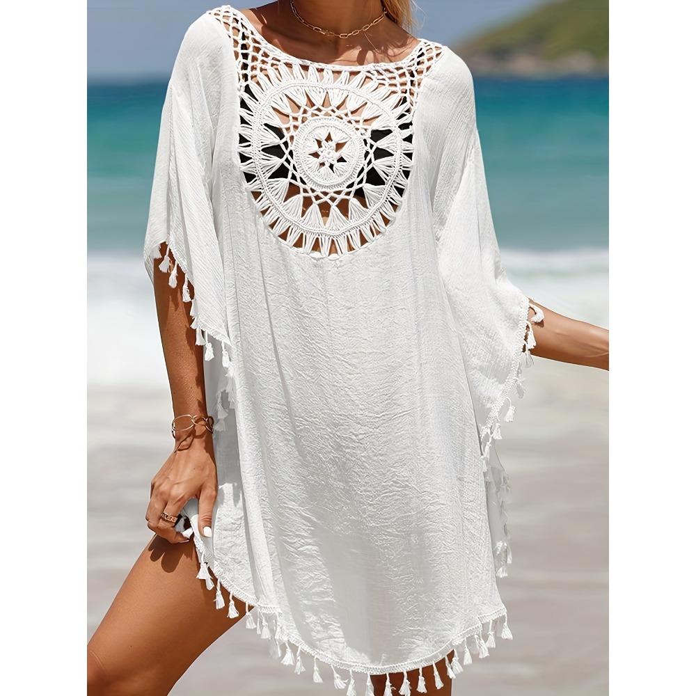 Вязаная крючком накидка в стиле бохо, женская накидка с круглым вырезом и кисточками, свободная посадка, женские купальники