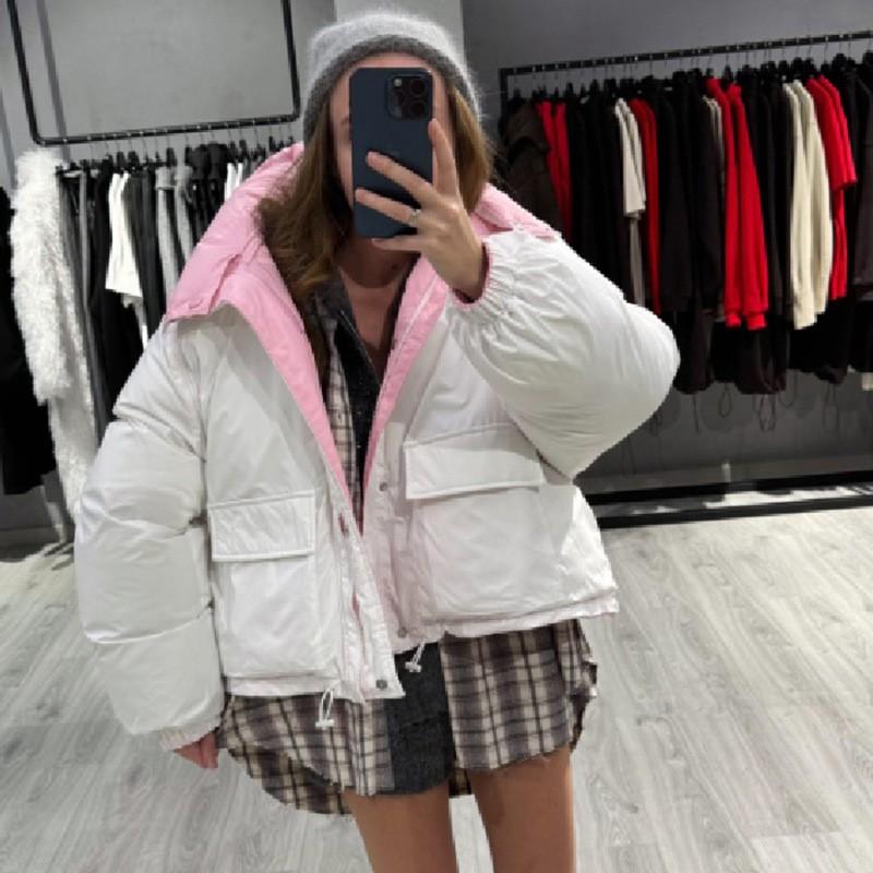 Womens Reversible Puffer Jacket 2026 Winter Detachable Hood Stand Collar Cotton Coat Streetwear