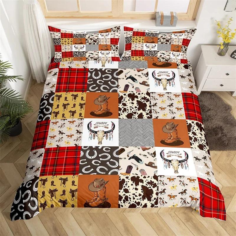 Пододеяльник с черепом быка King Western Cowboy Постельное белье Farmhouse Hat Shoes Покрывало из микрофибры Cactua Desert Покрывало из микрофибры
