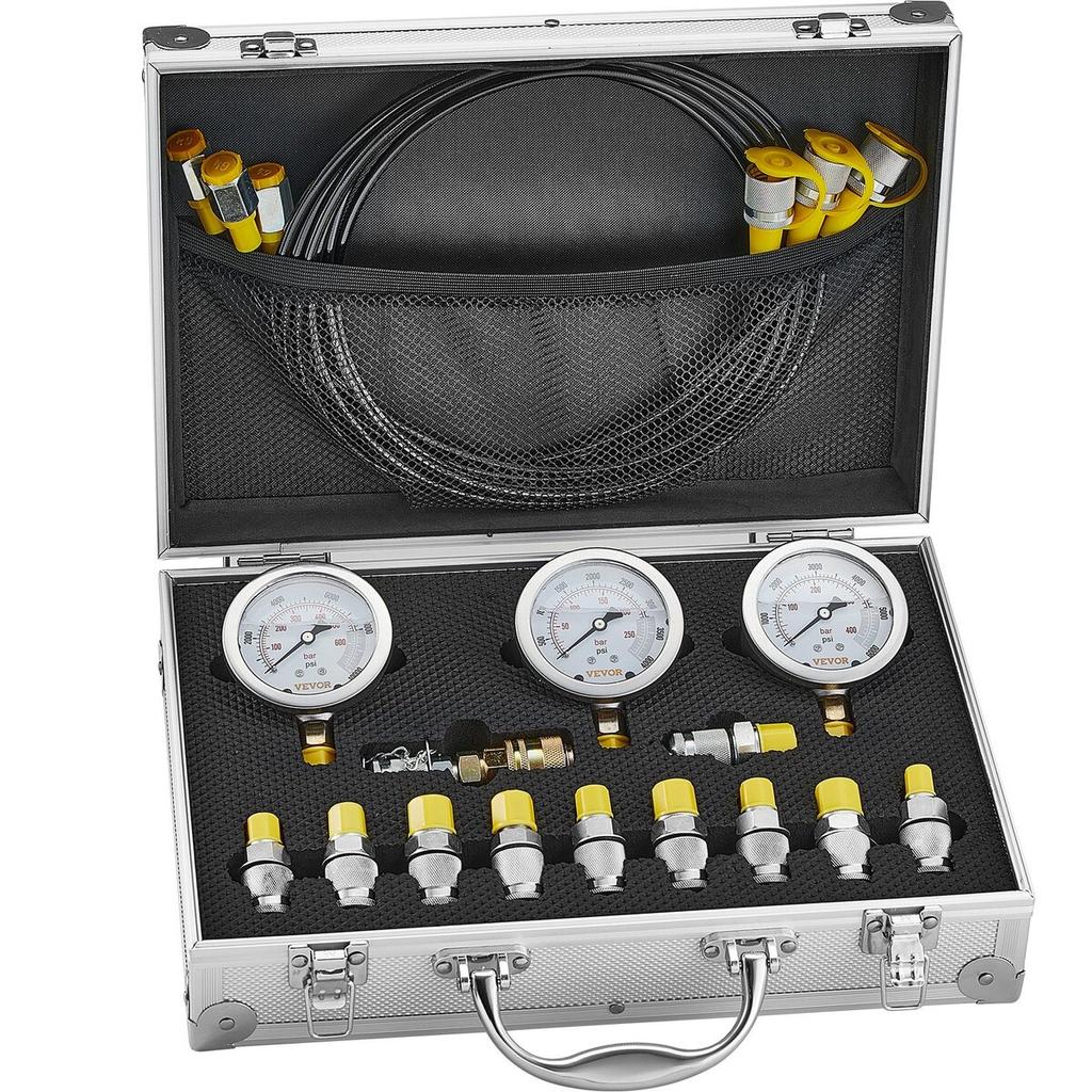 Hydraulic Pressure Test Kit, 250/400/600bar, 3 Gauges 11 Test Couplings 3 Test Hoses, Excavator Hydraulic Test Gauge Set with Portable Carrying Case