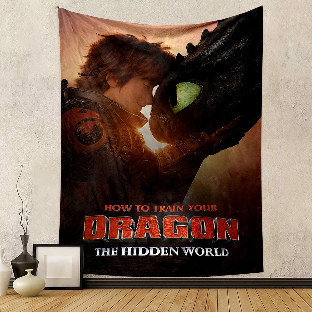 A boy and a dragon touch foreheads, showing a close bond, with warm light. Patterned tapestry for bedroom and living room home decor