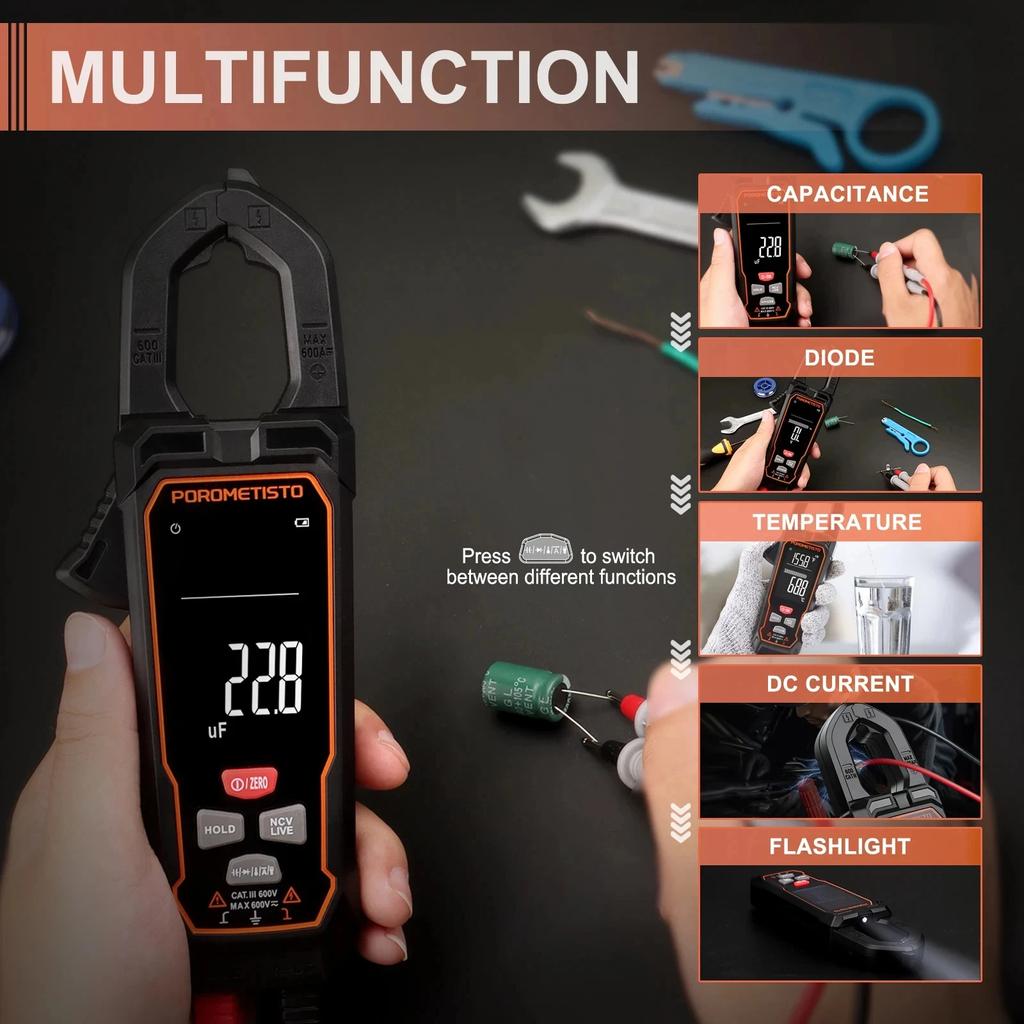 CM01 Цифровые клещи 9999 отсчетов 600A AC/DC ток Большой экран Профессиональный мультиметр NCV Температура Емкость Амперметр Клещи