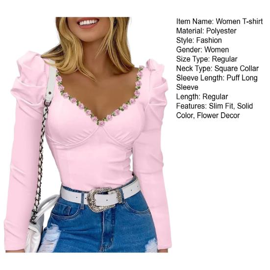 Женские топы с квадратным воротником, пышная футболка с длинным рукавом, цветочный декор, сплошной цвет, приталенная футболка