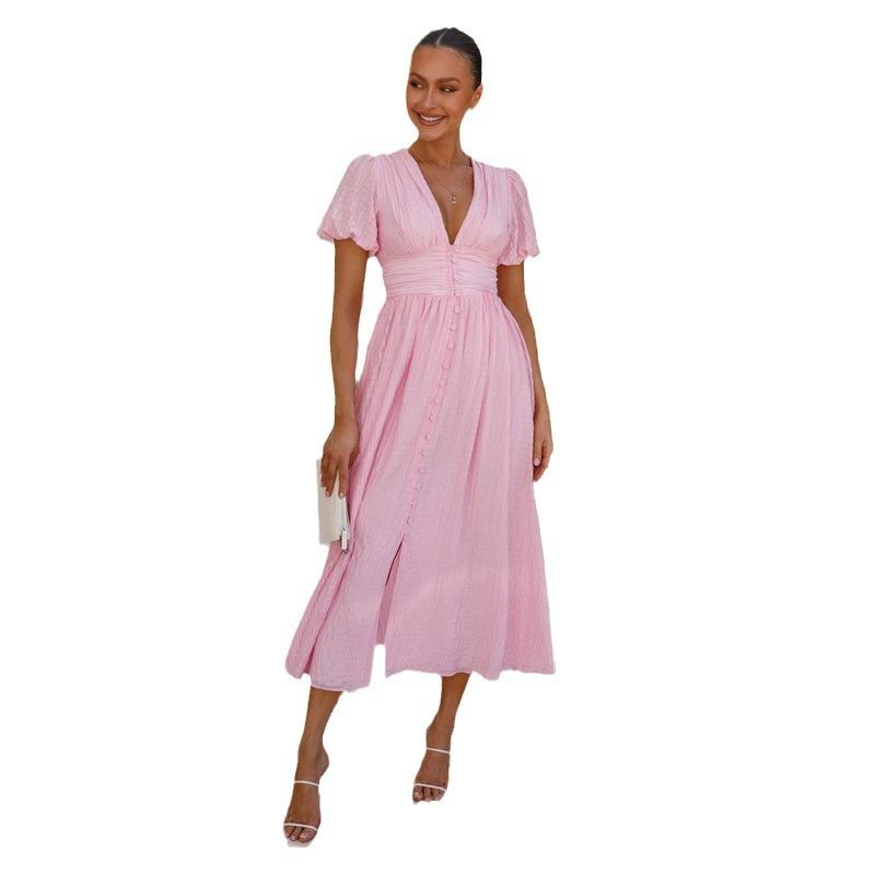 Women Gingham V Neck Puff Sleeve Midi Dress Multi Color Casual Summer Dress