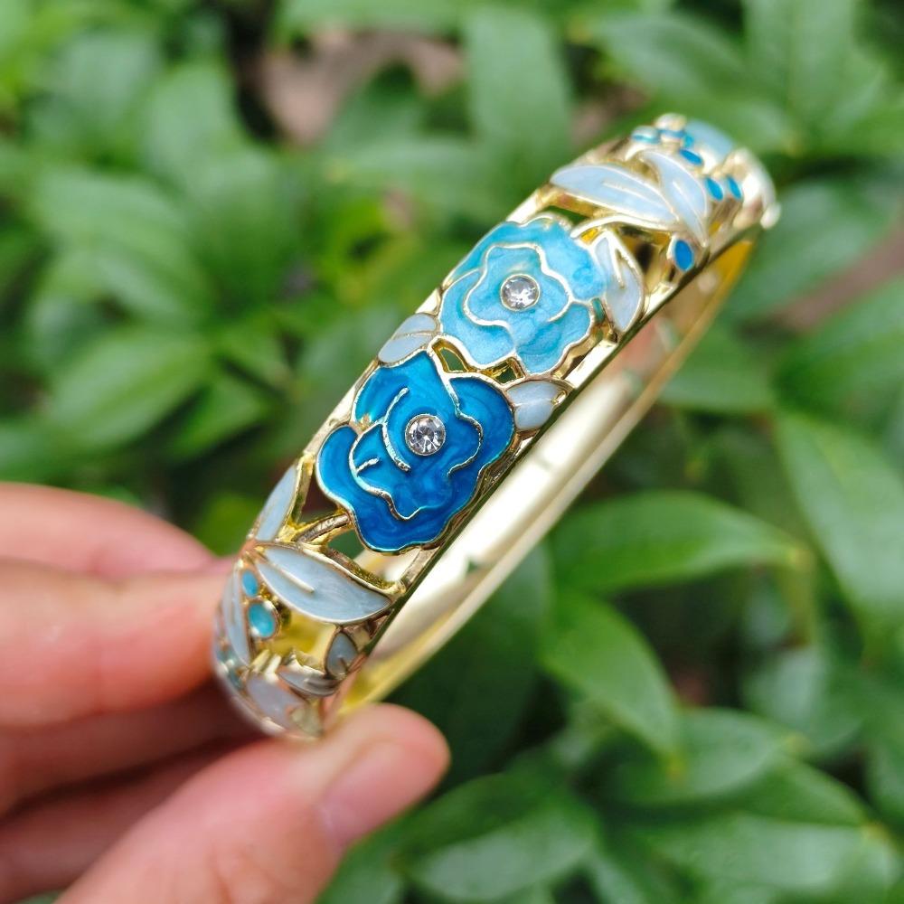 1.4cm Peony Filigree Flower Bangle Wider Women's Hand Bracelet Gifts for Women Girl