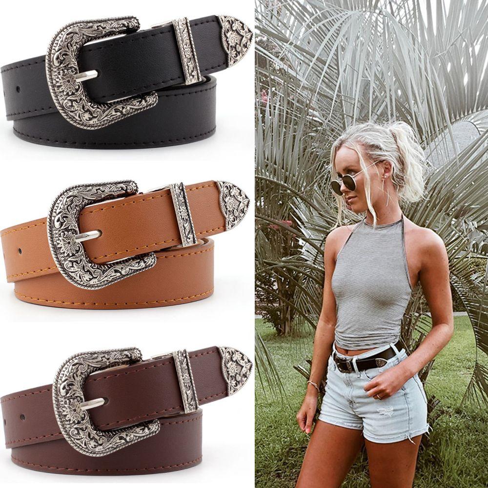 Carved Vintage PU Leather Waist Strap Pin Buckle Belt All-Match Belt Dress Waistband