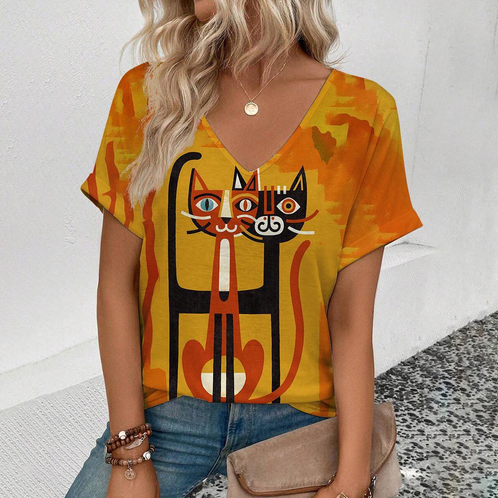 Футболка с принтом в виде забавных кошек, модная женская футболка с коротким рукавом для отдыха, женская летняя футболка с V-образным вырезом