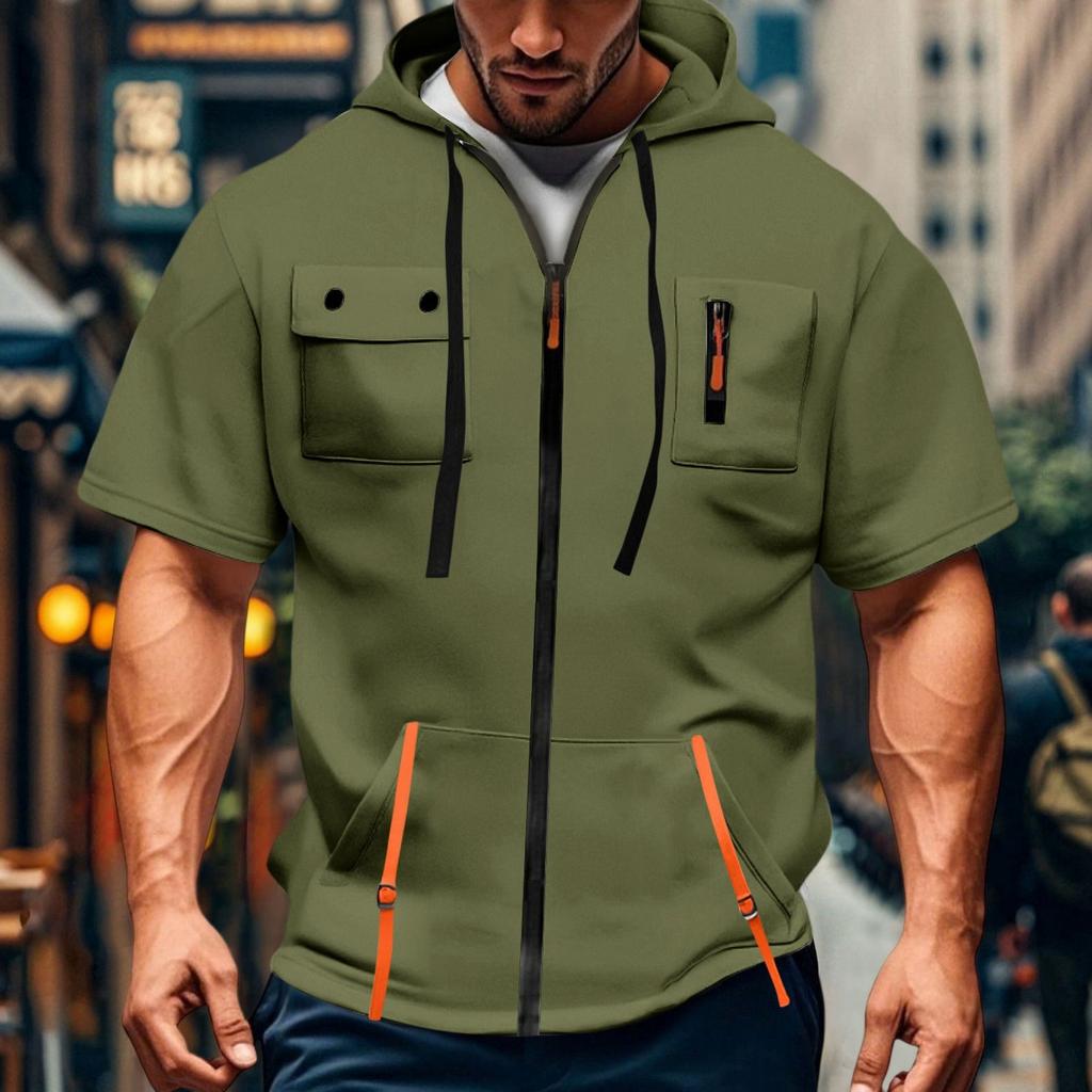 Men's Casual Short-sleeved Sweatshirt. Loose And Breathable Solid-color Sweatshirt Jacket With Multiple Pockets And A Zipper.