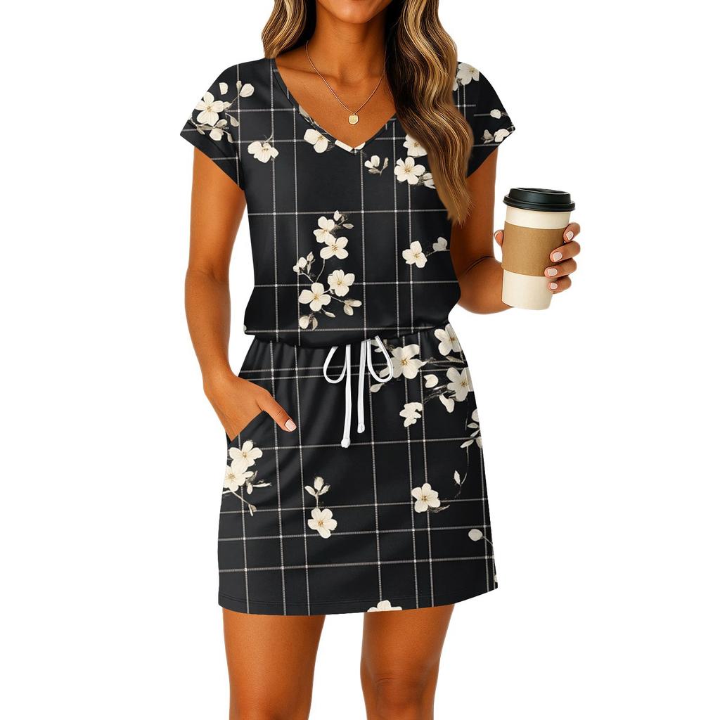 Women's Summer V-Neck Casual Short Sleeve Drawstring With Pocket Vintage Floral Dresses