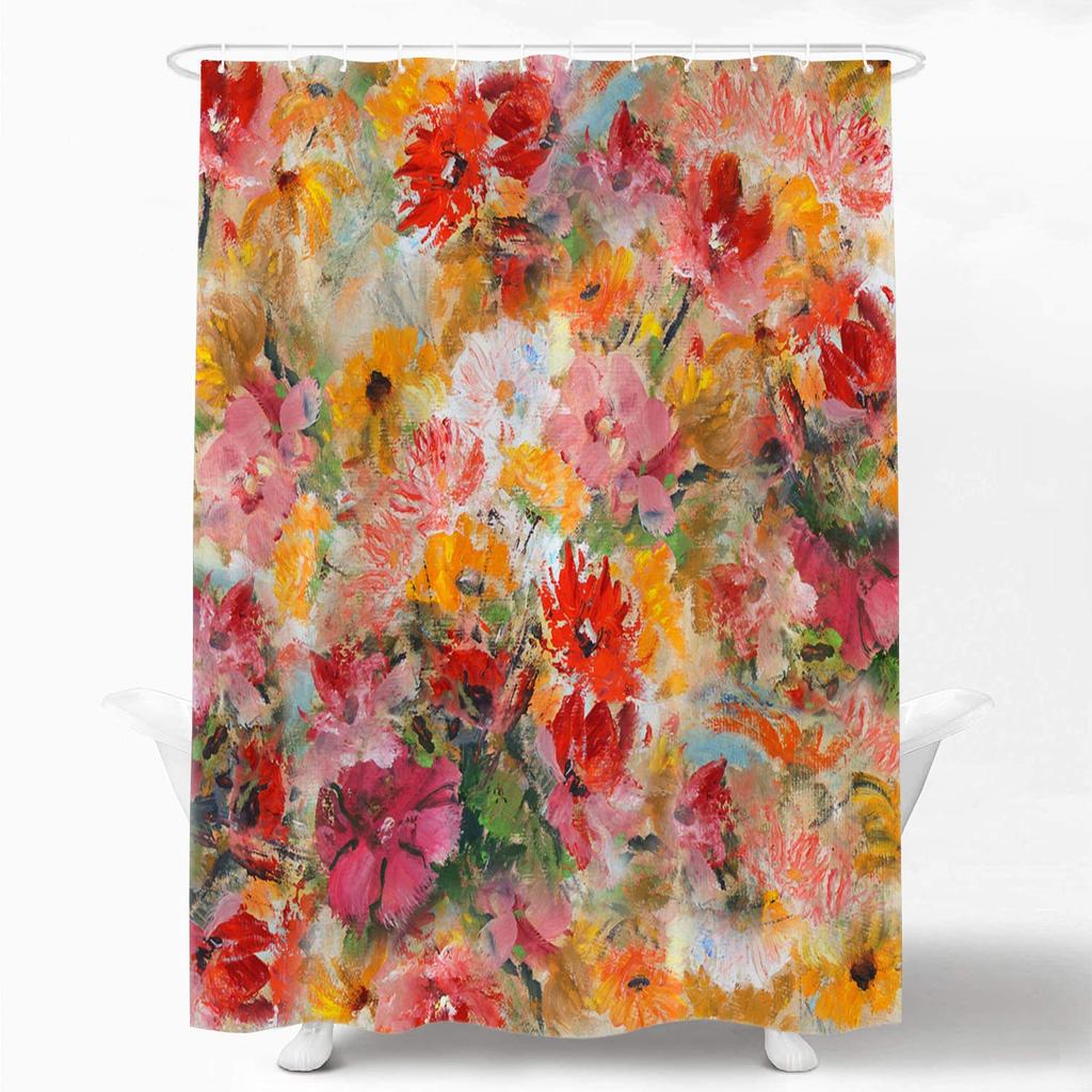 Bathroom Shower Curtain Set With Hook,Flower Garden By Gustav Klimt,Home Art Paintings Pictures Curtain For Bathroom Accessories