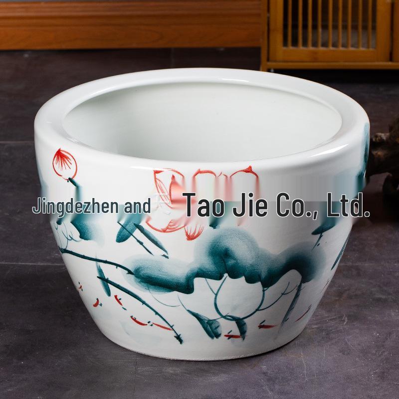 Hand-Painted Blue and White Lotus Landscape Ceramic Jar for Living Room or Outdoor Use