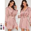 New Sexy Simple Lace Up Pajamas Gown Long-sleeved Cardigan Bathrobe Loose Comfortable Casual Imitation Silk Home Clothes