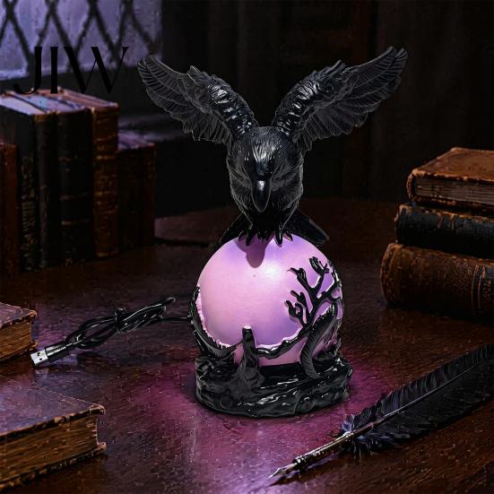 USB Powered Mood Lamp Gothic Crow Lamp, with Purple Light Ball, Resin Halloween Night Light, Dark Aesthetic Decor Style Statue for Bedroom Living