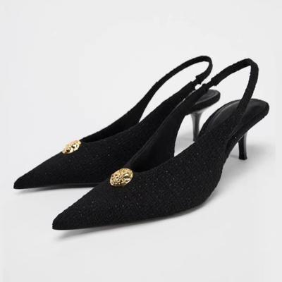 Мода 2025 Сандалии на высоком каблуке с ремешком на щиколотке, украшенные металлической пряжкой, шпильки, роскошные дизайнерские туфли-слингбэки для леди