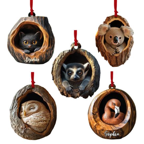 5Pcs Christmas Animal Ornaments 2D Acrylic Cute Wildlife Pendant Raccoon Owl Squirrel Hedgehog Bird Tree Hole Wood Texture Hanging Decorations