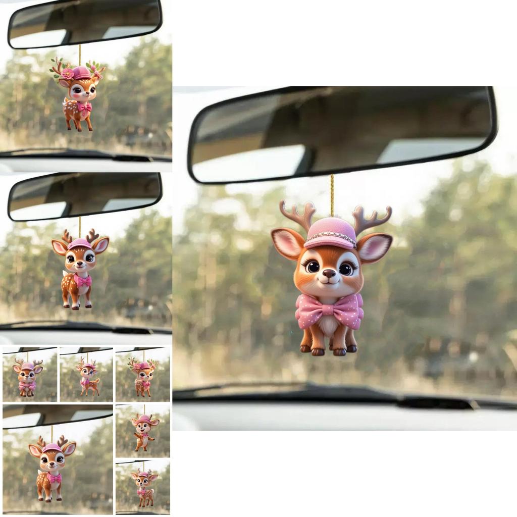 Декор для автомобиля Акриловое зеркало с мультяшным оленем, с розовой шляпой и бантом, для детского салона автомобиля