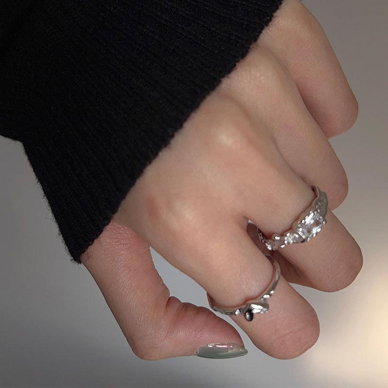 925 Silver Irregular White Square Diamond Zircon Heart Ring Ins Women's Fashion Light Luxury Open Adjustable Stackable Niche Minimalist
