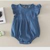 Unisex Newborn Denim Romper with Shirt Collar and Flutter Sleeves - Cotton, Short-Sleeved Baby Crawling Outfit
