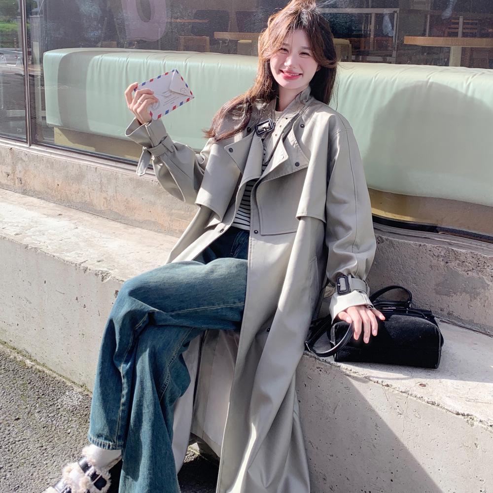 Women's Korean-Style Gray-Green Windbreaker Jacket, Autumn 2024 High-End Mid-Length Coat