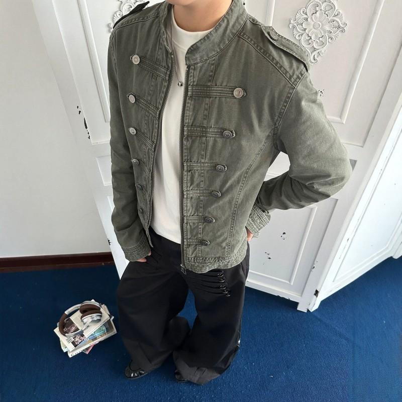 Vintage Distressed Napoleon Court Jacket Mens Boxy Slim Fit Metal Double Breasted Streetwear